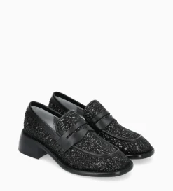 Mocassin à talon à bout carré - Anaïs 50 - Toile pailletée/Cuir de veau - Onyx/Noir
