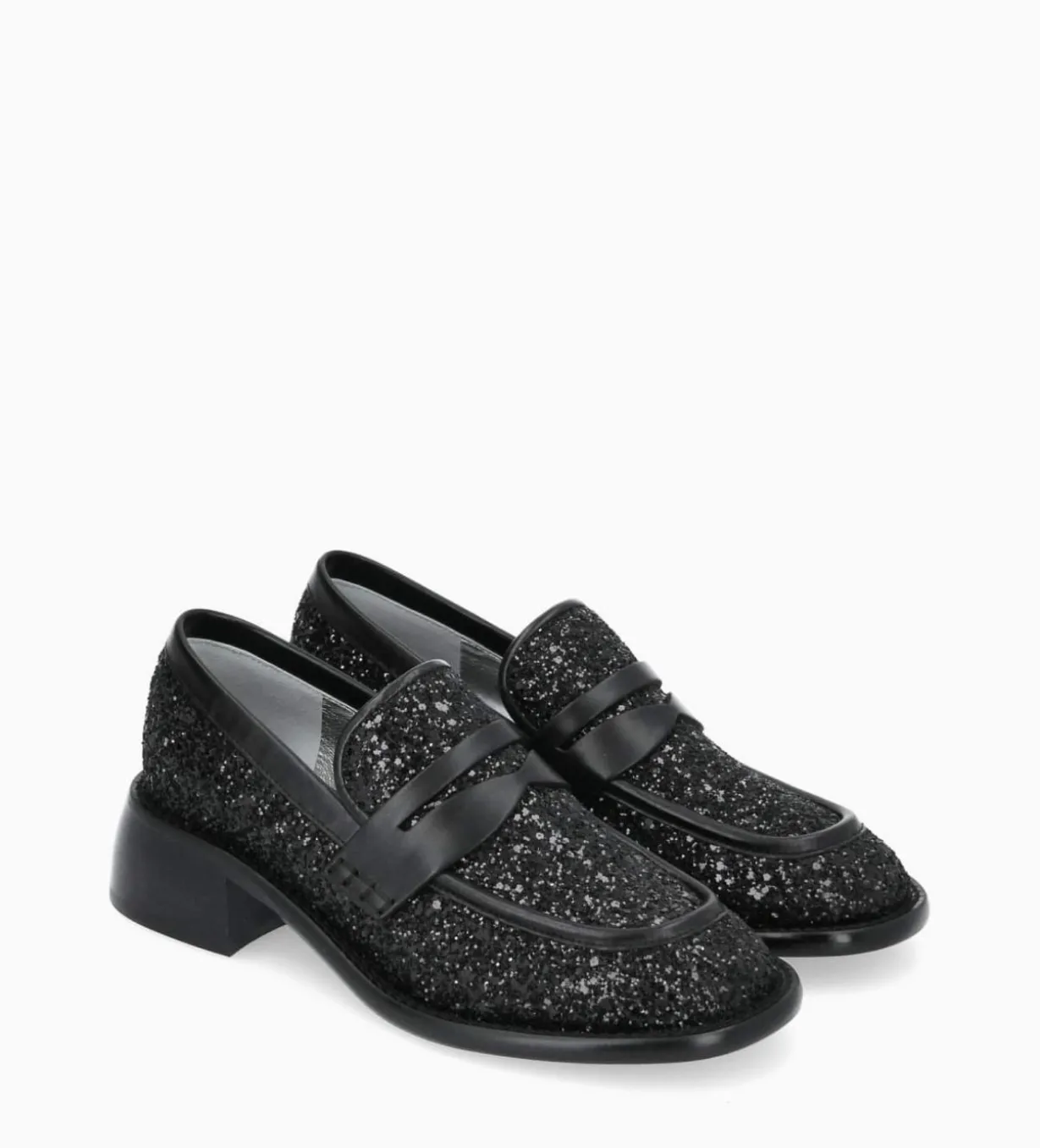 Mocassin à talon à bout carré - Anaïs 50 - Toile pailletée/Cuir de veau - Onyx/Noir