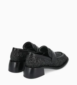 Mocassin à talon à bout carré - Anaïs 50 - Toile pailletée/Cuir de veau - Onyx/Noir
