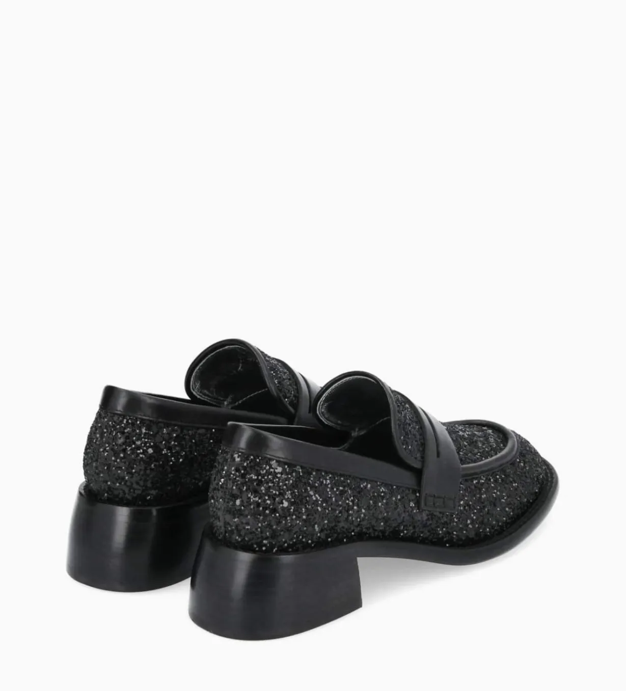 Mocassin à talon à bout carré - Anaïs 50 - Toile pailletée/Cuir de veau - Onyx/Noir