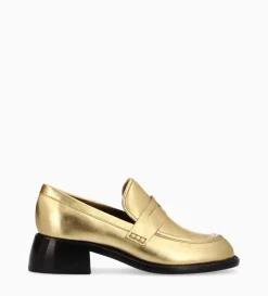 Mocassin à talon à bout carré - Anaïs 50 - Cuir métallisé - Or