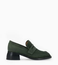 Mocassin à talon à bout carré - Anaïs 50 - Cuir velours - Militaire